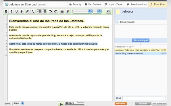 Captura dee pantalla Etherpad